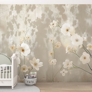 Neutral Beige Flower Wallpaper, Nursery Floral Wall Decor, Muted Minimalist Mural, Light Pastel Peel & Stick, Self Adhesive Removable Decal