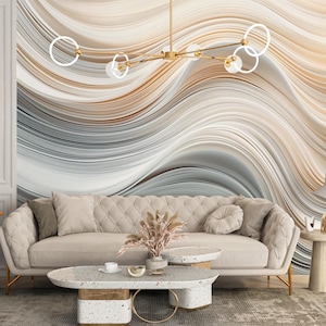 Abstrakt beige våglinjetapet, modern konst vit beige grå väggmålning, minimalistisk vardagsrum självhäftande, vågigt mönster, anpassad storlek