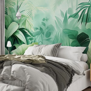 Jungle Mural | Rainforest Wallpaper | Tropical Peel & Stick Wallpaper | Watercolor Tropical Leaves Mural | Eco Friendly Living Room