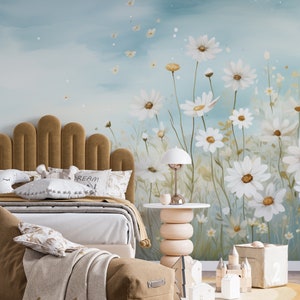 Carta da parati con margherite ad acquerello, murale floreale per bambini, prato estivo, carta da parati floreale per neonati, natura del cielo azzurro, margherite in campo