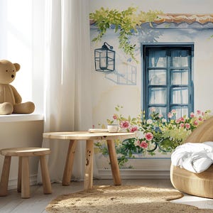 Pink Rose Cottage Mural | Watercolor Floral Wallpaper | Nursery Mural | Peel and Stick | Removable & Safe | Nursery Wall Art