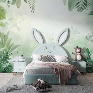 Tropical Leaves Jungle Background Wallpaper, Nursery Peel and Stick, Light Green Leaves Wallpaper, Baby Boy Nature Mural, Green Mural,