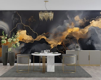 Dark Gold Stone Mural, Marble Abstract Wallpaper, Watercolour Peel & Stick, Modern Alcohol Ink Art Wall, Black White Removable Wallpaper