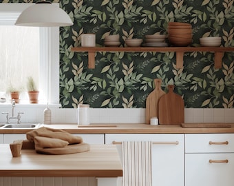Green Vintage Wallpaper | Removable Peel and Stick Wallpaper or Unpasted Wallpaper | PVC-Free | Floral Self-Adhesive Wall Decor