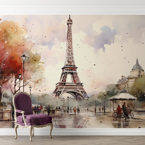 Eiffel Tower Mural, Paris City Wallpaper, Watercolour Sketch Peel & Stick, France Art Wall, Autumn Mural, Removable Wallpaper, Paris Decal