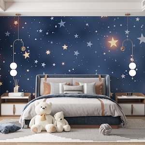 Carta da parati per la cameretta dei bambini con notte stellata / Murale per neonati / Cielo notturno blu scuro magico stacca e incolla / Murale per bambini con fiabe / Stella scintillante