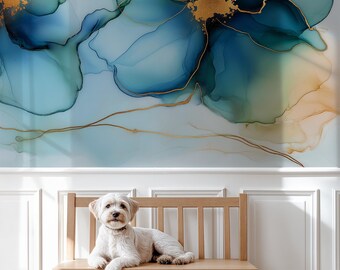 Abstract Alcohol Ink Fluid Wallpaper Mural | Blue and Gold Fluid Wall Art | Peel and Stick Wallpaper | Modern Eco-Friendly Mural