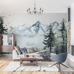 Mountain Forest Mural | Watercolor Mountains Wallpaper | Pine Trees Wall Mural | Watercolor Wallpaper | Peel & Stick | Eco Friendly