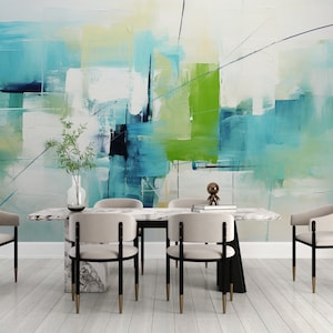 Abstract Art Mural Painting, Turquoise Blue Square Wallpaper, Elegant Brush Stroke Canvas, Renter Friendly Custom Size Peel & Stick Covering