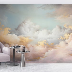 Cloud Sky Wallpaper, Pastel Nursery Decal, Nature Peel & Stick Mural, Pink Gold Hand Painted Art, Renter Friendly, Baby Boy Girl Wall Decor