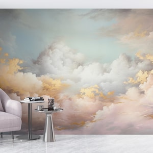 Carta da parati con nuvole e cielo, decalcomania per cameretta dei bambini in colori pastello, murale staccabile e attaccabile con la natura, arte dipinta a mano in oro rosa, ideale per gli inquilini, decorazione da parete per neonati.