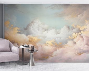 Cloud Sky Wallpaper, Pastel Nursery Decal, Nature Peel & Stick Mural, Pink Gold Hand Painted Art, Renter Friendly, Baby Boy Girl Wall Decor