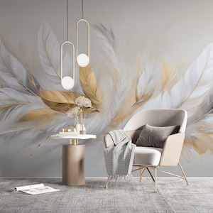 Carta da parati con piume artistiche, murale ad acquerello in oro bianco, uccello moderno astratto staccabile e incollabile, decalcomania in vinile ecologico rimovibile, tradizionale