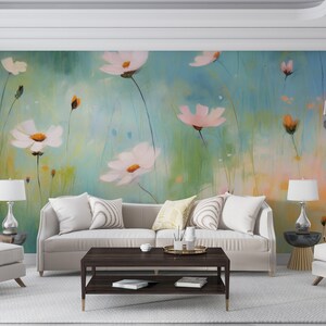 Carta da parati Prato Monet, Murale estivo di fiori selvatici, Peel & Stick floreale, Carta da parati con margherite selvatiche, Arte della natura dell'acquerello, Parete amichevole per l'affittuario