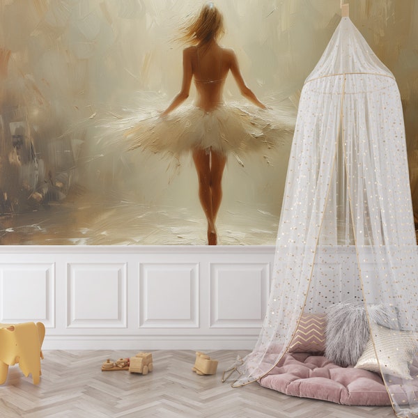 Ballet Nursery Wallpaper, Dancing Ballerina Mural, Removable Peel & Stick, Pastel Beige Tutu Decal, Renter Friendly Mural, Oil Painting