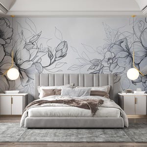 Carta da parati con fiori geometrici in bianco e nero, disegno a matita floreale, murale staccabile e attaccabile, carta da parati con design minimalista con fiori astratti