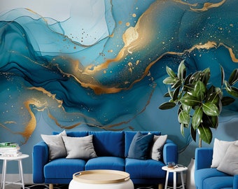 Abstract Mural, Modern Art Wallpaper, Blue Gold Marble Mural, Fluid Art Wall Wallpaper, Alcohol Ink Wall Art, Removable Decal