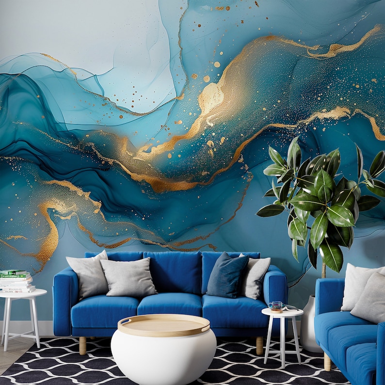 Abstract Mural, Modern Art Wallpaper, Blue Gold Marble Mural, Fluid Art ...