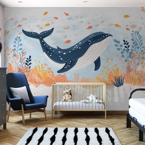 Wal und Korallenriff Wandbild | Kinderzimmer Tapete | Schälen und aufkleben Wandbild | Kinder Dekor | Umweltfreundlich | Wal Tapete
