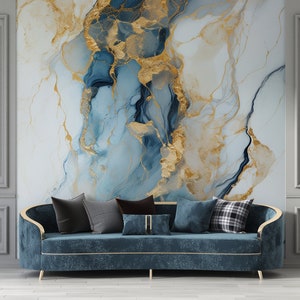 Stein Wandbild, Marmor Tapete, Abstraktes Aquarell Schälen & Aufkleben, Moderne Alkohol Tinte Kunst Wand, Marine Blau Gold Wandbild, Abnehmbare Tapete