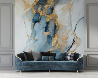 Stone Mural, Marble Wallpaper, Abstract Watercolour Peel & Stick, Modern Alcohol Ink Art Wall, Navy Blue Gold Mural, Removable Wallpaper