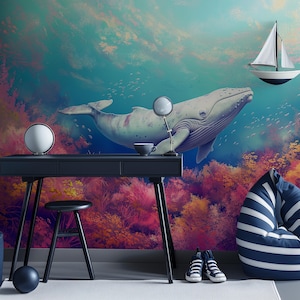 Wal Unterwasser Wandbild | Kinderzimmer Tapete | Schälen und aufkleben Wandbild | Kinderzimmer Wal | Umweltfreundlich | Kinderzimmer Dekor
