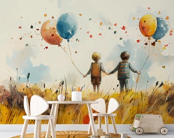 Kids Watercolor Wallpaper | Peel and Stick Mural | Kids with Balloon Wall Mural | Renter Friendly Wallpaper | PVC Free