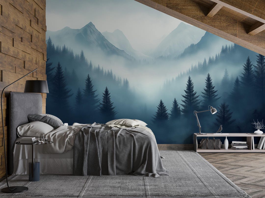 Misty Pine Forest Mural: Foggy Mountain Peel and Stick Wallpaper - Etsy