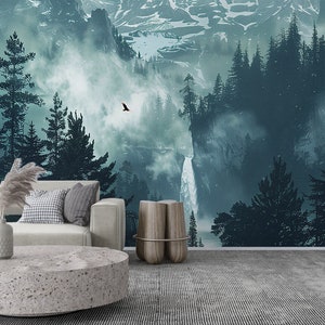 Misty Pine Forest Wallpaper | Foggy Mountain Wall Mural | Forest Landscape Mural | Wall Decor | Renter Friendly | PVC Free