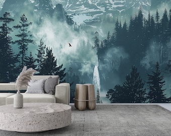 Misty Pine Forest Wallpaper | Foggy Mountain Wall Mural | Forest Landscape Mural | Wall Decor | Renter Friendly | PVC Free