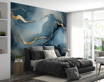 Luxury Navy & Gold Liquid Mural | Alcohol Ink Marble Wallpaper | Modern Fluid Art Peel and Stick | Stone Surface Wall Design | Custom Size
