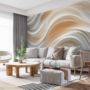 Papier peint abstrait art ligne vague, décoration murale géométrique moderne, blanc beige minimaliste peel & stick, décalcomanie amovible, papier peint dimension personnalisée