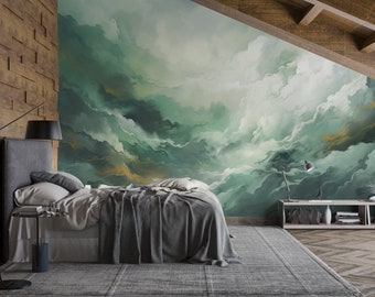 Abstract Sea Wallpaper, Stormy Sky Mural, Watercolour Peel & Stick, Green Nature Wallpaper, Removable Landscape Art, Renter Friendly Decor