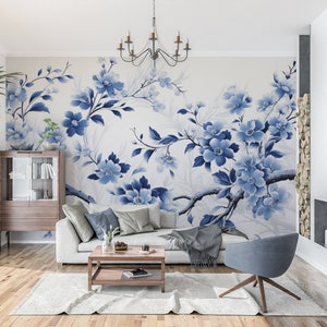 Chinoiserie Wallpaper | Blue and White China Floral Mural | Organic Flower Branches | Custom Size Peel & Stick, Removable Sustainable Decor