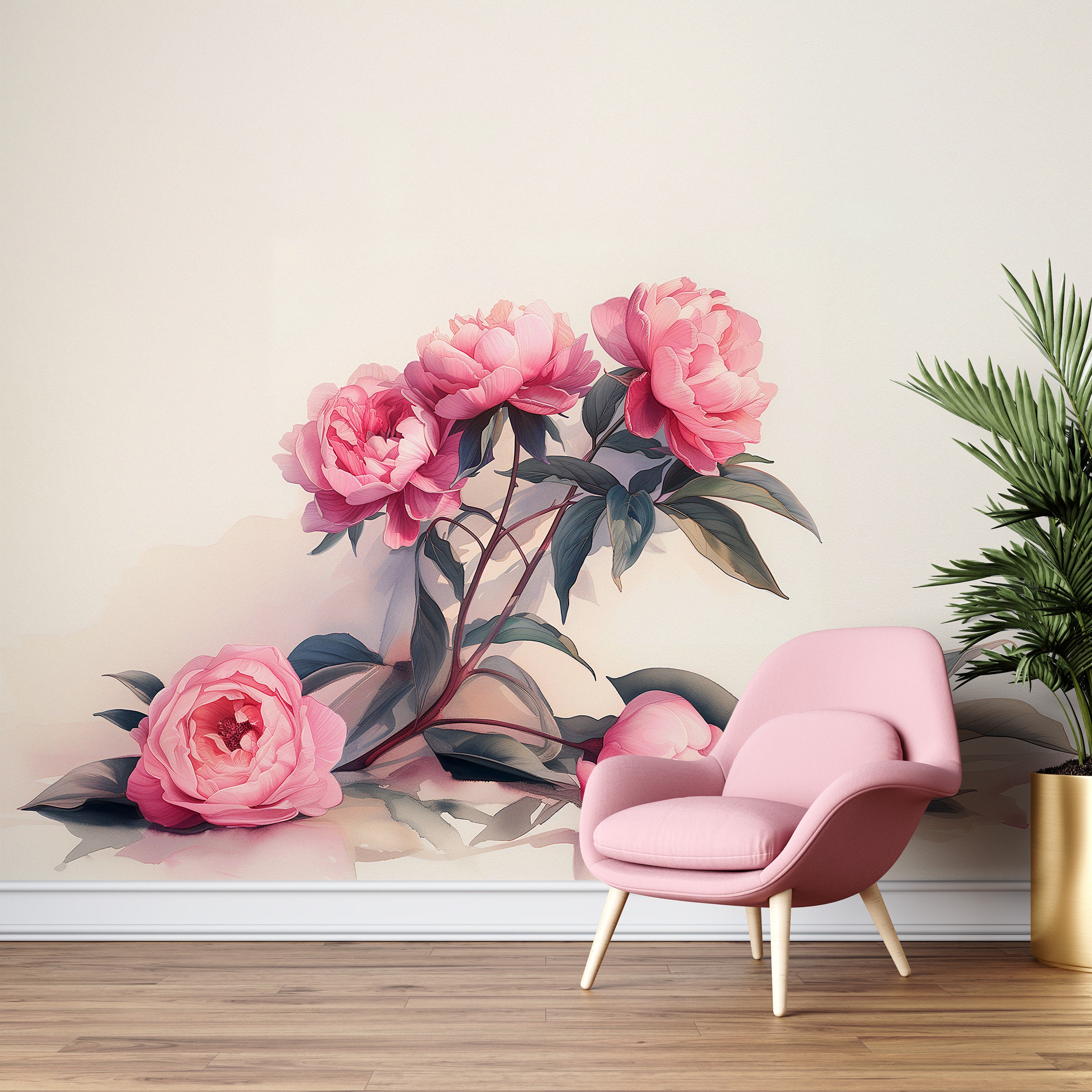 Pink Peony Wallpaper | Watercolor Wallpaper | Floral Mural | Pink ...