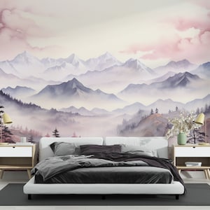 Murale di montagna colorato, carta da parati della foresta nebbiosa, murale del paesaggio forestale, carta da parati con acquerello di pino, stacca e incolla la natura, parete senza PVC