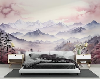 Colorful Mountain Mural, Misty Forest Wallpaper, Forest Landscape Mural, Pine Tree Watercolor Wallpaper, Nature Peel & Stick, PVC Free Wall