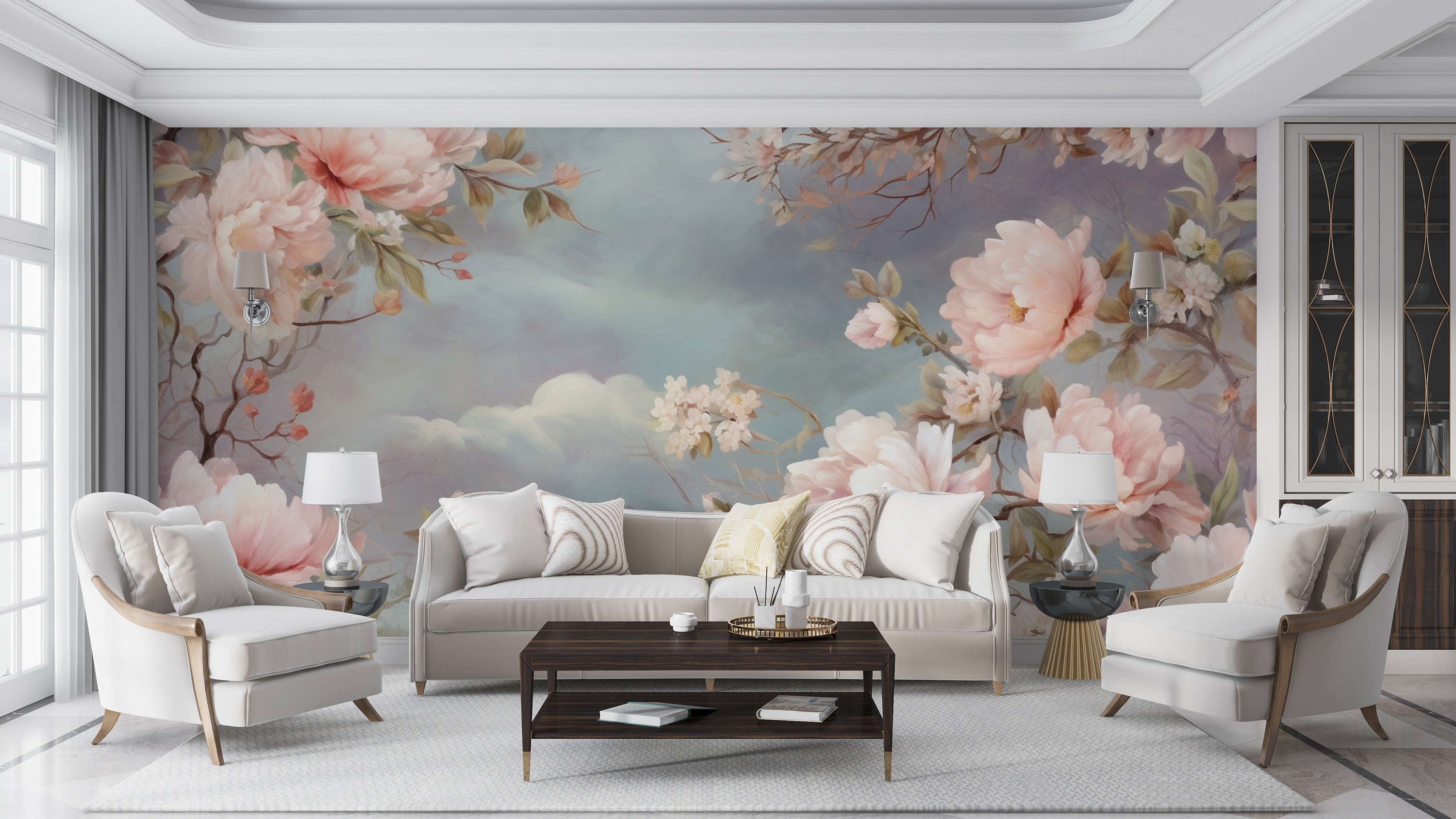 Peony Floral Wallpaper, Cloud Flower Mural, Pastel Nature Peel & Stick ...