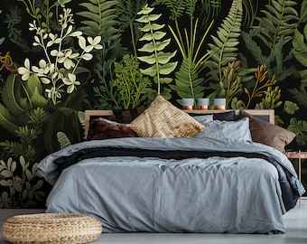 Dark Fern Wallpaper | Dark Peel and Stick Mural | Fern Temporary Mural | Vintage Botanical Wallpaper | Eco Friendly Green Leaf Wallpaper