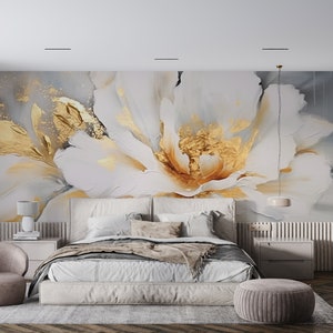 Peony Wallpaper Peel and Stick, Flower Pattern Mural, Floral Wallpaper, White Gold Botanical Blossom Wall, Custom Size Flower Decal