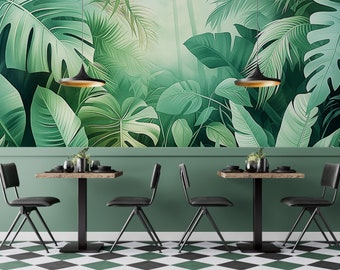 Puede incluir: Dos sillas negras y dos mesas de madera con patas de metal negro están dispuestas en un comedor. La pared detrás de las mesas está pintada de verde claro y presenta un papel tapiz tropical con grandes hojas verdes.