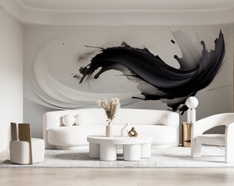 Papier peint abstrait à tourbillons, décoration murale moderne, encre à alcool, aquarelle liquide, marbre noir et blanc, sticker artistique fluide, dimension personnalisée