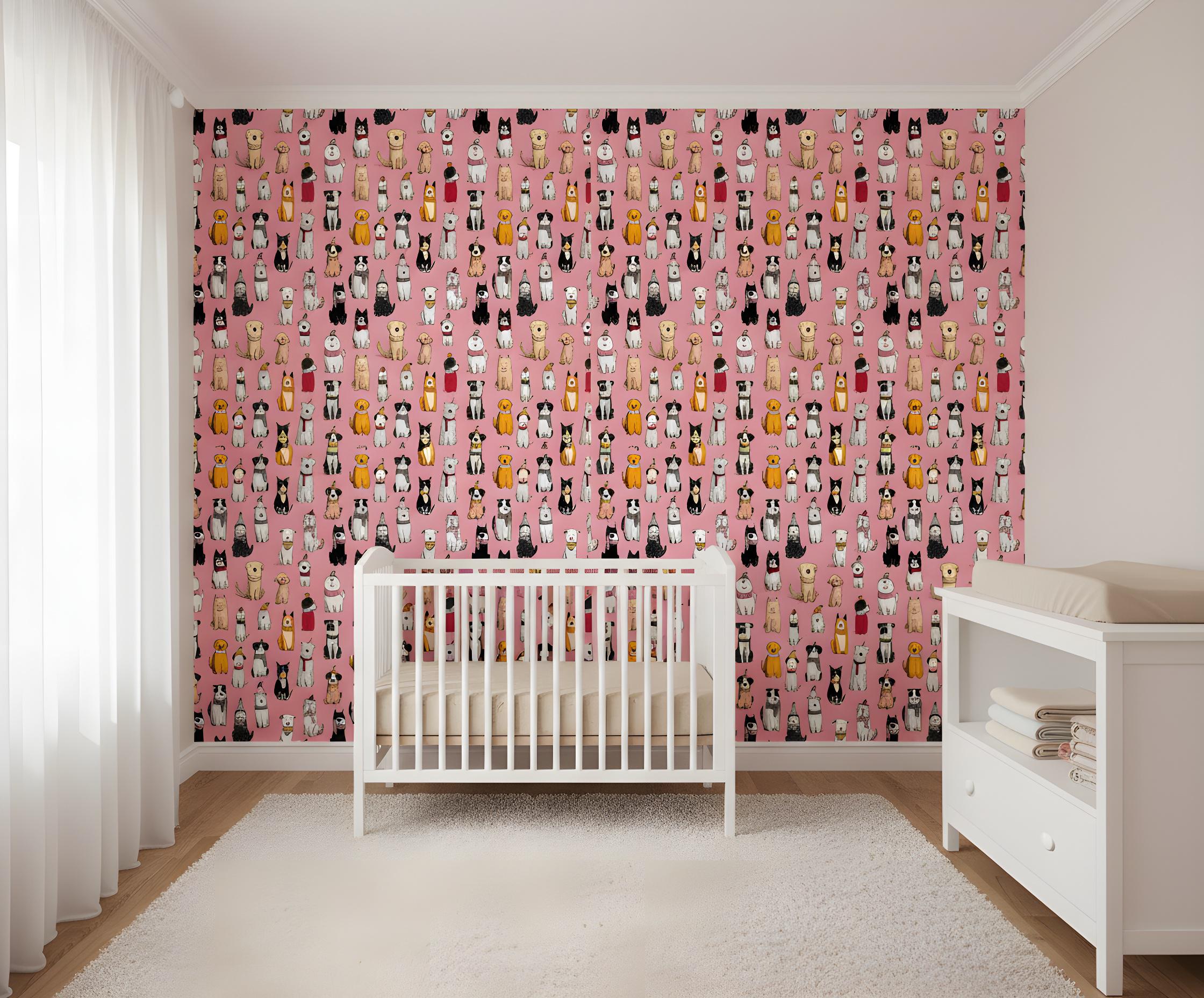 Pink Nursery Wallpaper | Dog Wallpaper | Kids Room Decor | Peel and ...
