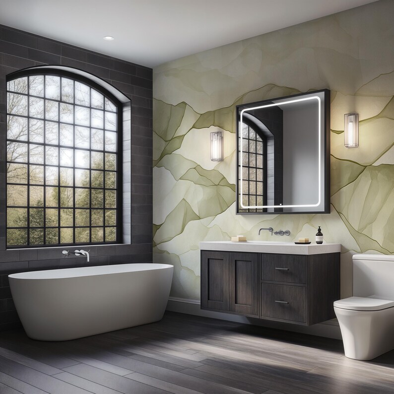 Beige and Olive Limewash Mural for Bathroom | Peel and Stick Wallpaper ...