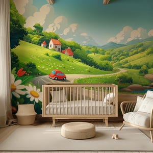 田舎の冒険壁画 | 子供部屋の壁アート | 粘着式の田園風景 | 剥がして貼るだけの装飾 | 子供部屋の壁装飾