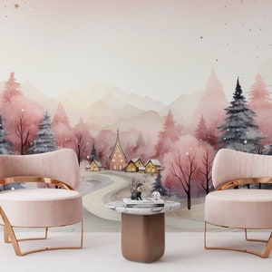 Pink Forest Nursery Wallpaper, Magic Winter Village Peel & Stick, Fairy Tale Wallpaper, Watercolor Christmas Tree Mural, Baby Girl Pink Wall