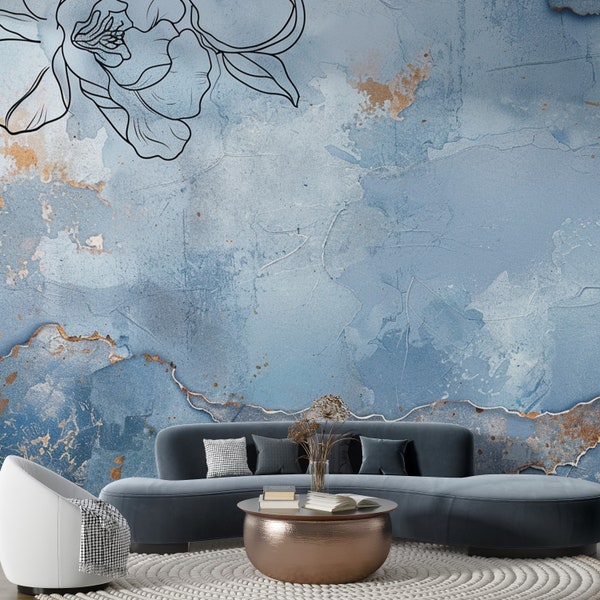 Concrete Look Vintage Wallpaper, Floral Peel and Stick, Abstract Modern Mural, Shabby Effect Self-adhesive Wallpaper, Rustic Removable Mural