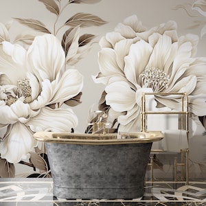 Carta da parati floreale pastello, murale con motivo floreale, carta da parati beige con motivo a fiori, carta da parati botanica con motivo a peonie bianche, carta da parati tradizionale di dimensioni personalizzate