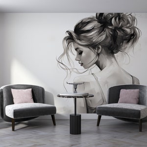 Young Woman Sketch Wallpaper, Black Pencil Lady Silhouette Mural, Artistic Girl Peel & Stick, Portrait Drawing, Removable Custom Size Decal