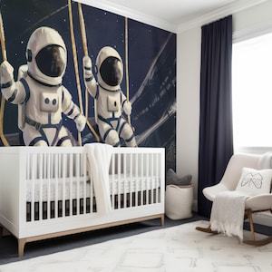 Murale spaziale / Adesivo da parete con astronauta / Carta da parati per bambini / Carta da parati staccabile e adesiva per la cameretta dei bambini / Astronauti nello spazio / Parete senza PVC per neonati